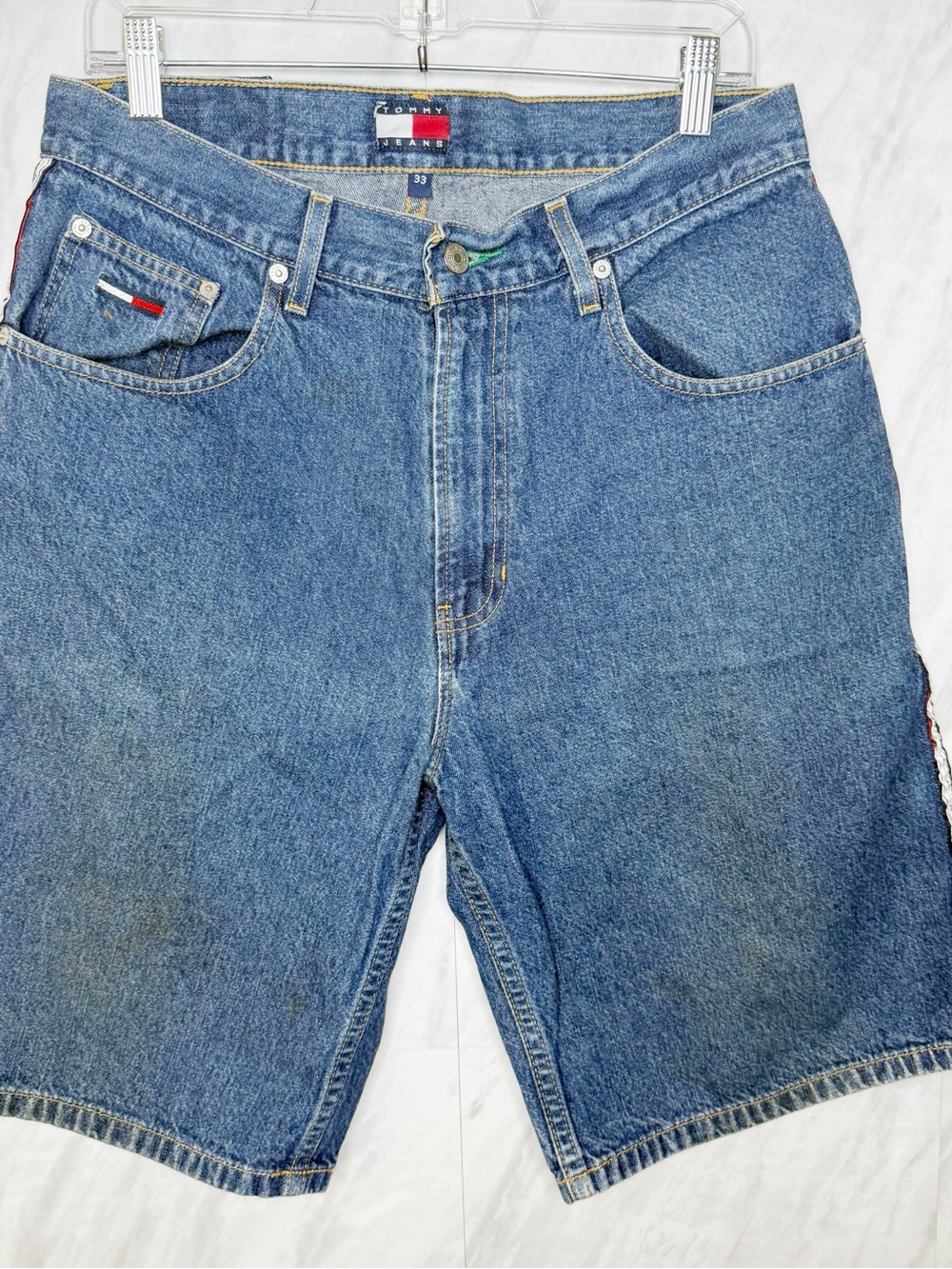 Vintage Tommy Hilfiger Blue Denim Jorts Jean Shorts with Flag Trim 33